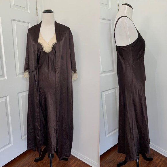 VTG Jones New York SM Brown Dressing Gown & Robe Long Maxi Satin Belted Lace - Picture 4 of 12